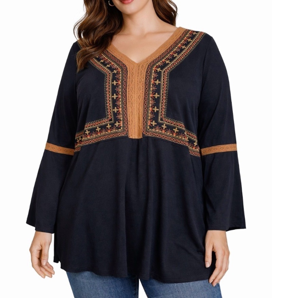 ABSOLUTELY FAMOUS Women's Embroidered Front Lace-Neck Top SZ 2X blouse top BoHo